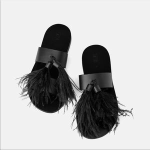 Zara Black Leather flat sandals, feather tassel